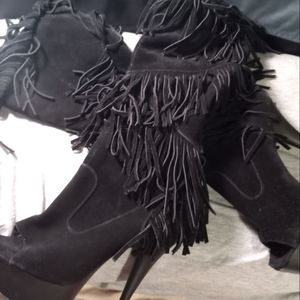 Pleasers Tall Leather Fringed Heels